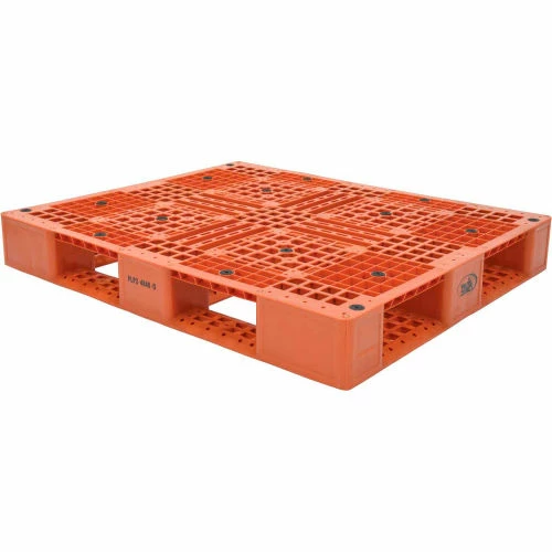Vestil Stackable Open Deck Pallet, Plastic, 4-Way Entry, 47-3/8" x 39-1/2", 8000 Lb Stat Cap, Orange