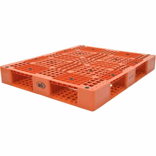 Vestil Stackable Open Deck Pallet, Plastic, 4-Way Entry, 47-3/8" x 39-1/2", 8000 Lb Stat Cap, Orange - Image 2